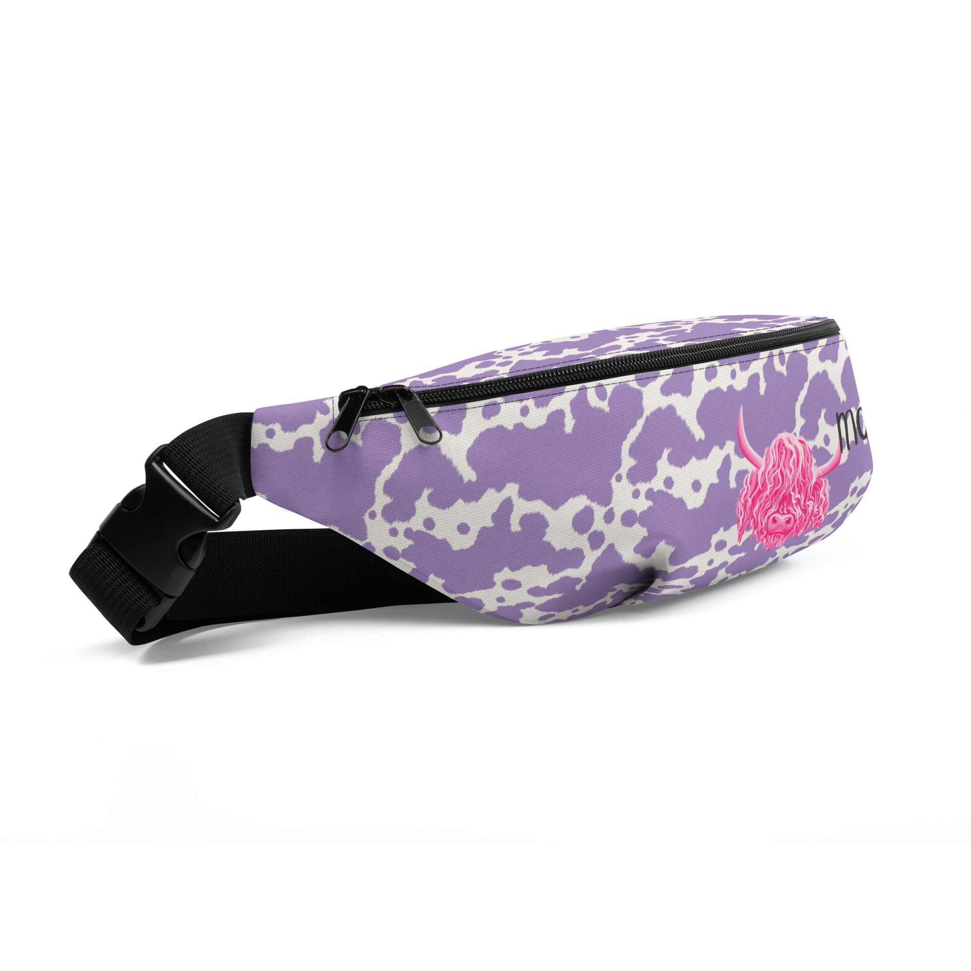 Pink Moo Lilac Cow Print Bum Bag by Printful, cute fanny pack with lilac and white cow pattern, adjustable strap.