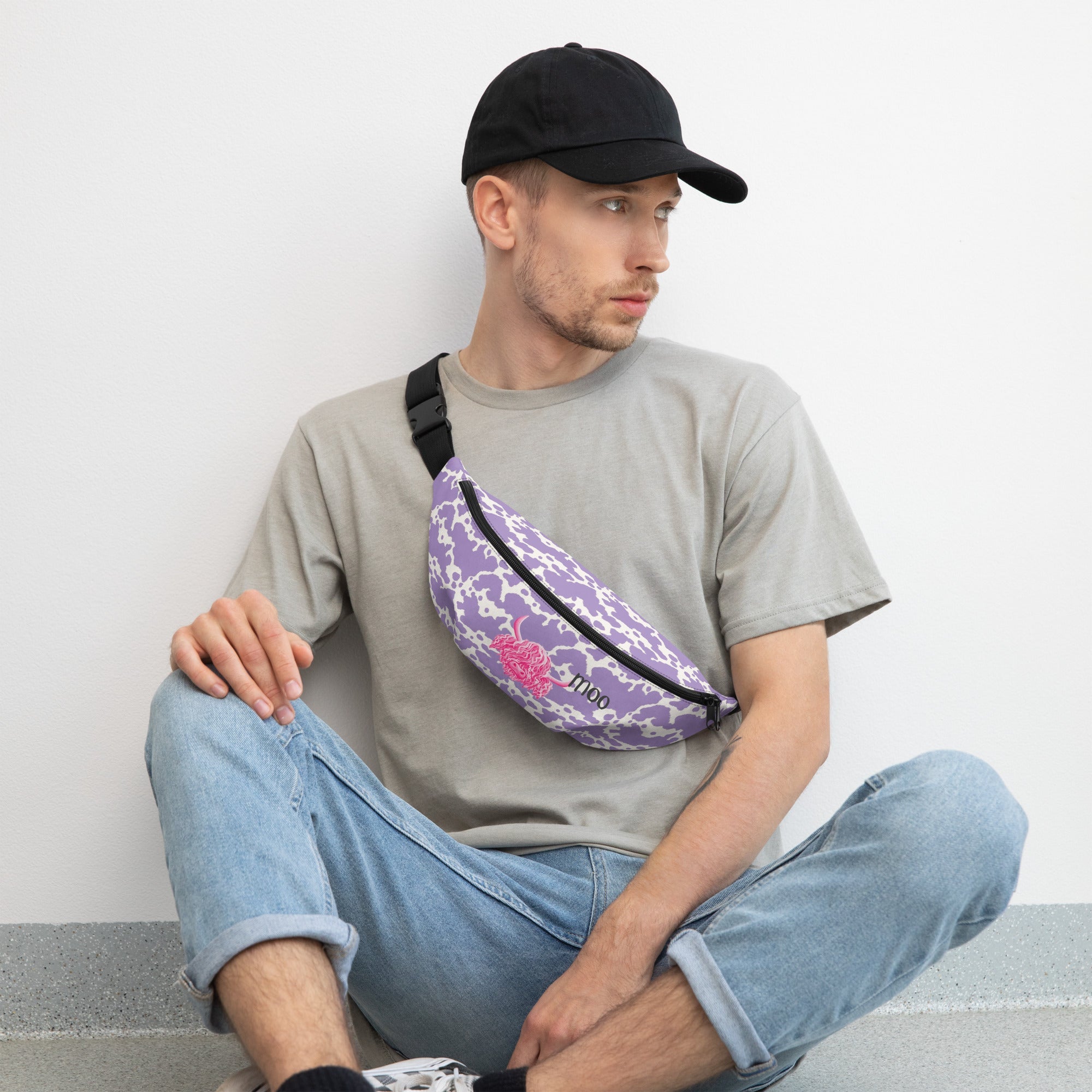Pink Moo Lilac Cow Print Bum Bag by Printful featuring a cute cow pattern and adjustable strap for casual style.