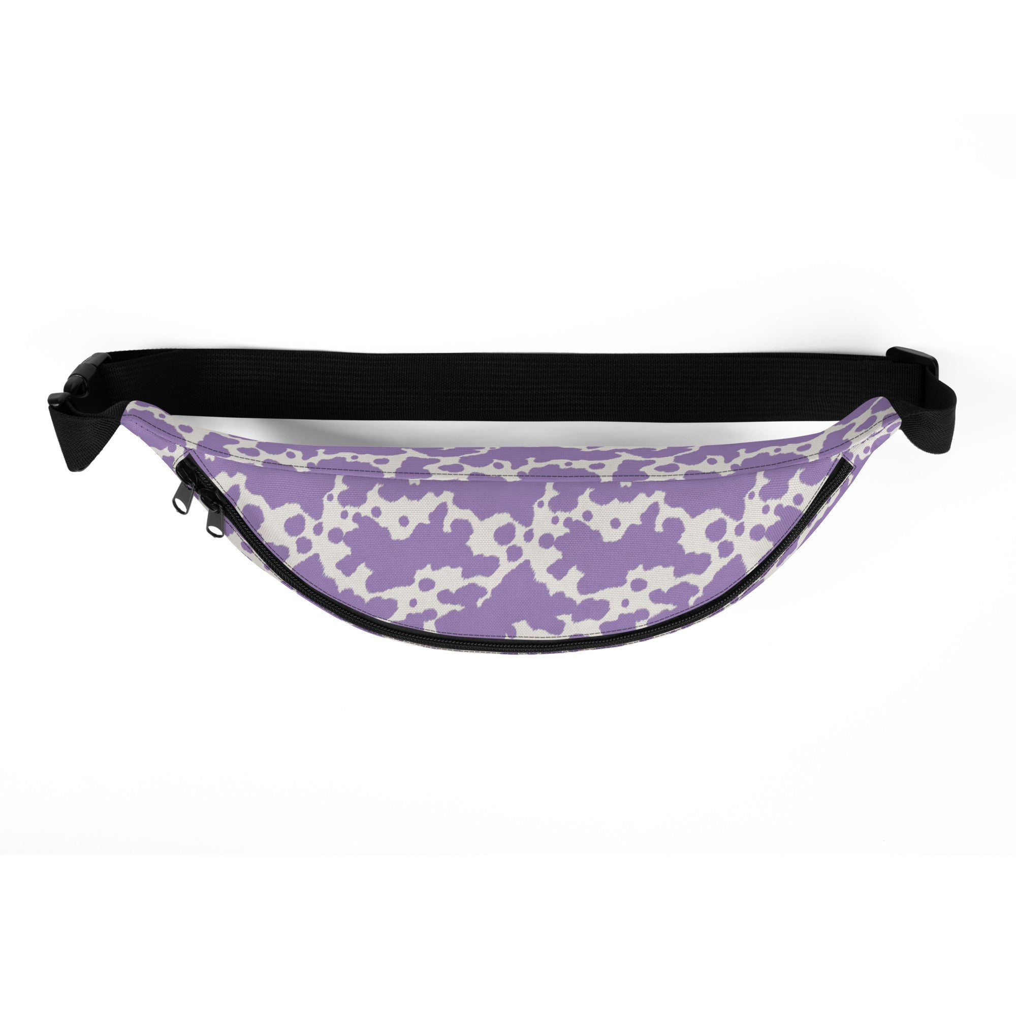 Pink cow print bumbag by Printful with lilac accents, featuring a cute and stylish design perfect for casual wear.