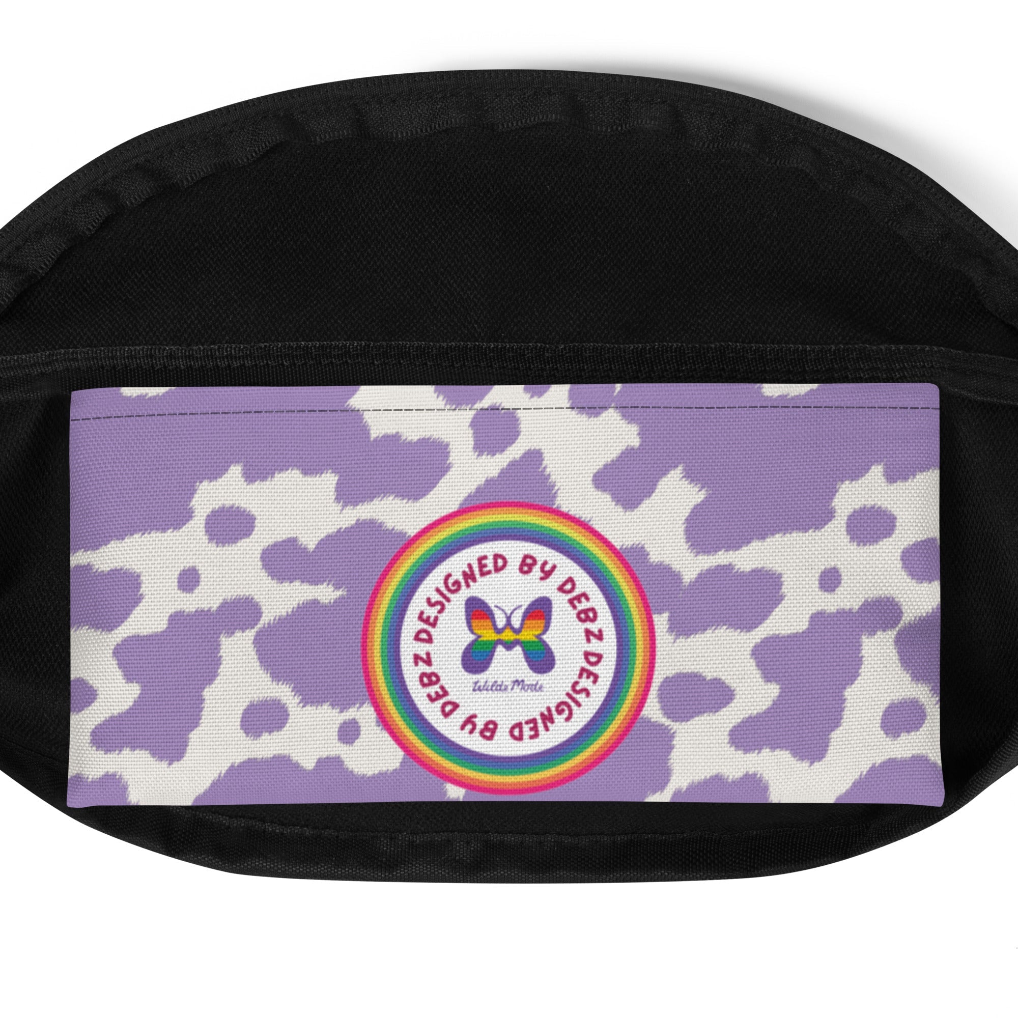 Pink cow print Bum Bag by Printful featuring lilac accents, cow pattern, and adjustable strap, perfect for casual wear.