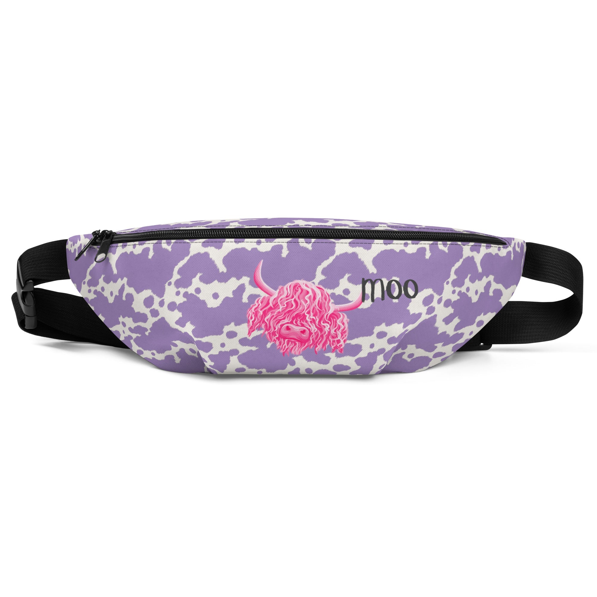 Lilac cow print bum bag from Printful with pink cow design, stylish and functional fanny pack for casual wear.