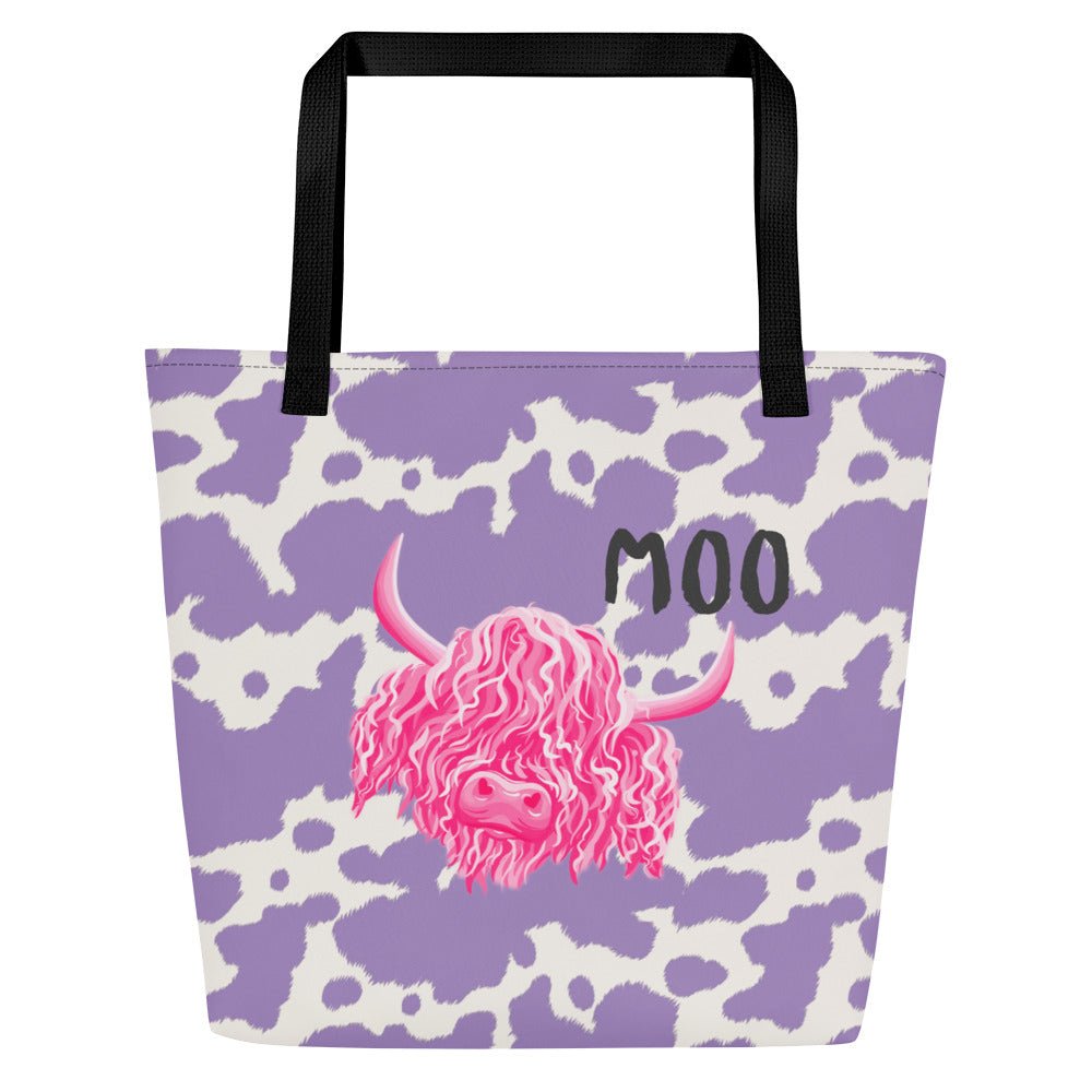Lilac cow print tote bag by Printful, featuring a cute pink cow design, perfect for shopping or casual outings.