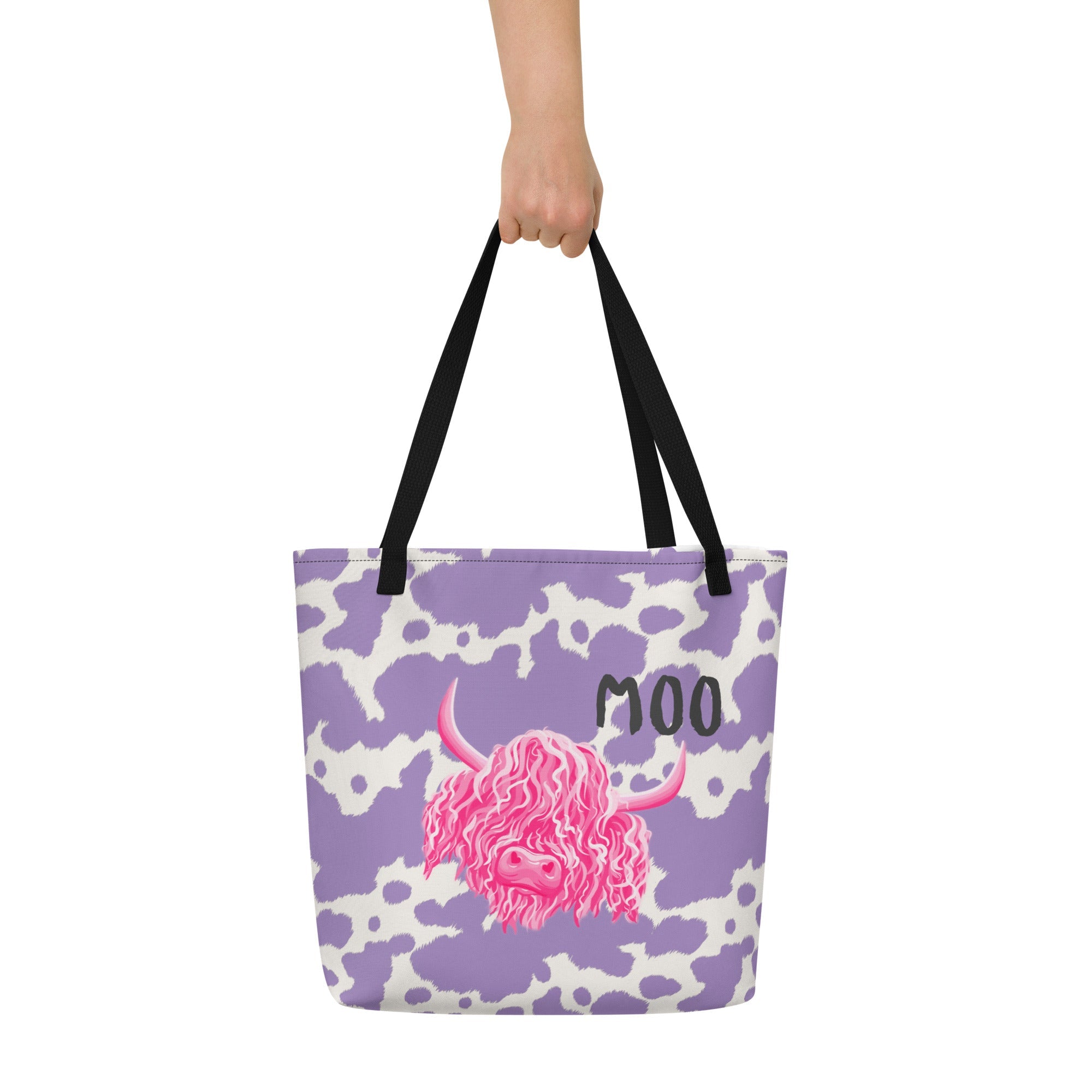 Lilac tote bag with pink cow print from Printful, featuring a cute cow design, ideal for casual shopping and daily use.
