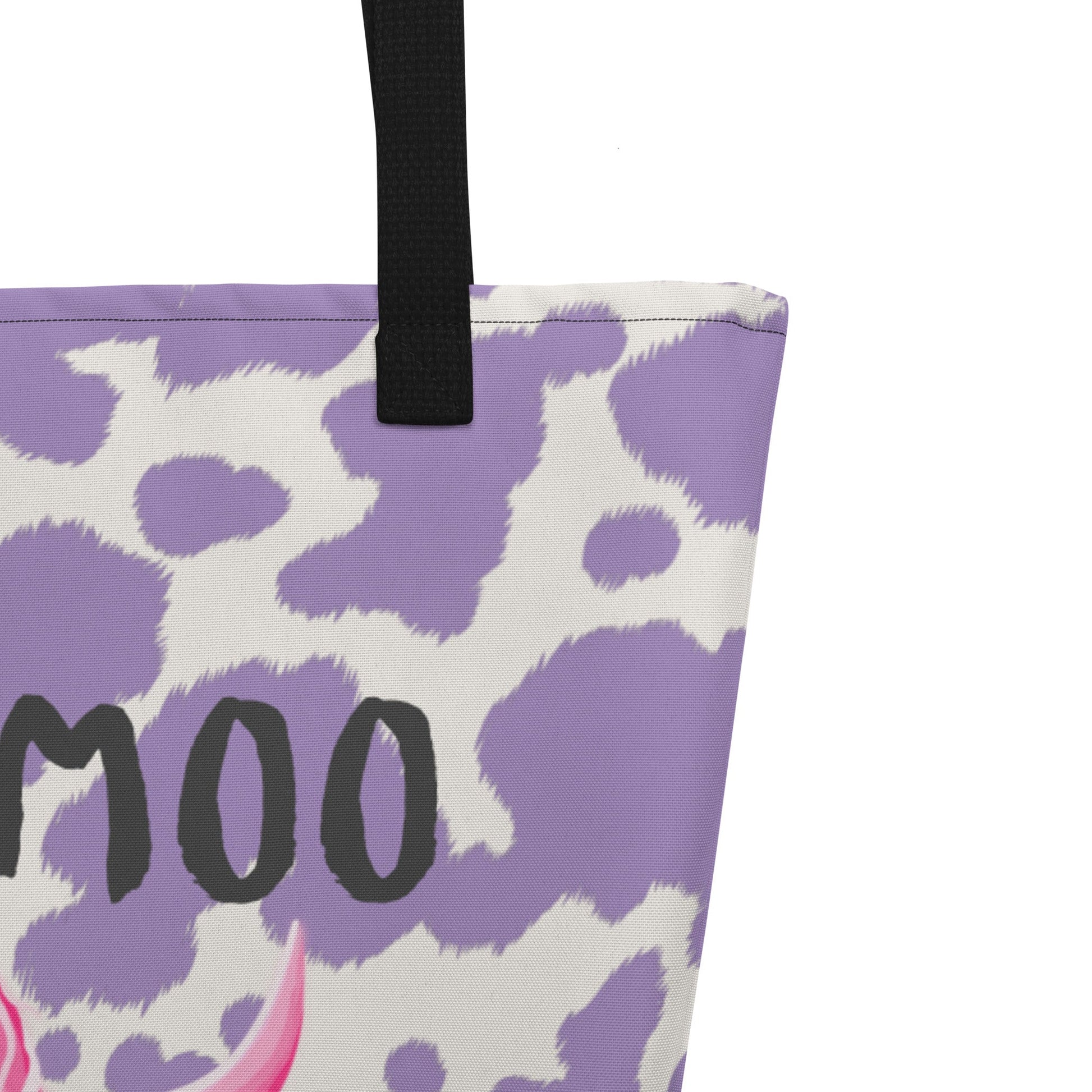 Lilac cow print tote bag by Printful featuring a cute pink cow design, ideal for shopping or casual outings.