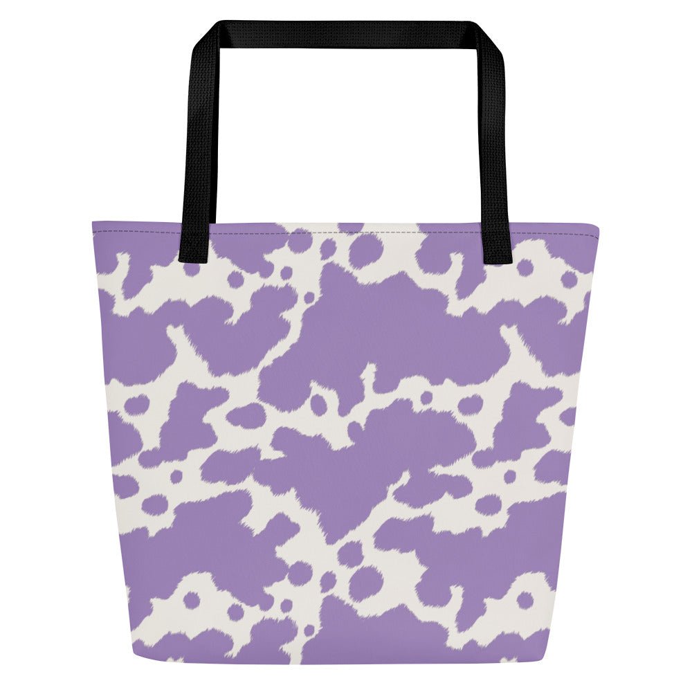 Lilac cow print tote bag by Printful featuring a cute pink cow design, perfect for shopping or casual outings.