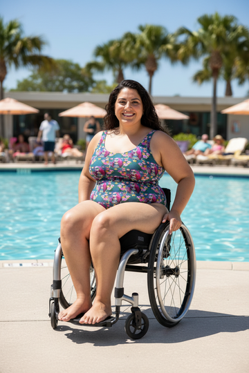 Sensory-friendly Death Before Decaf printed one-piece swimsuit with UPF 50+ protection, made from recycled materials.
