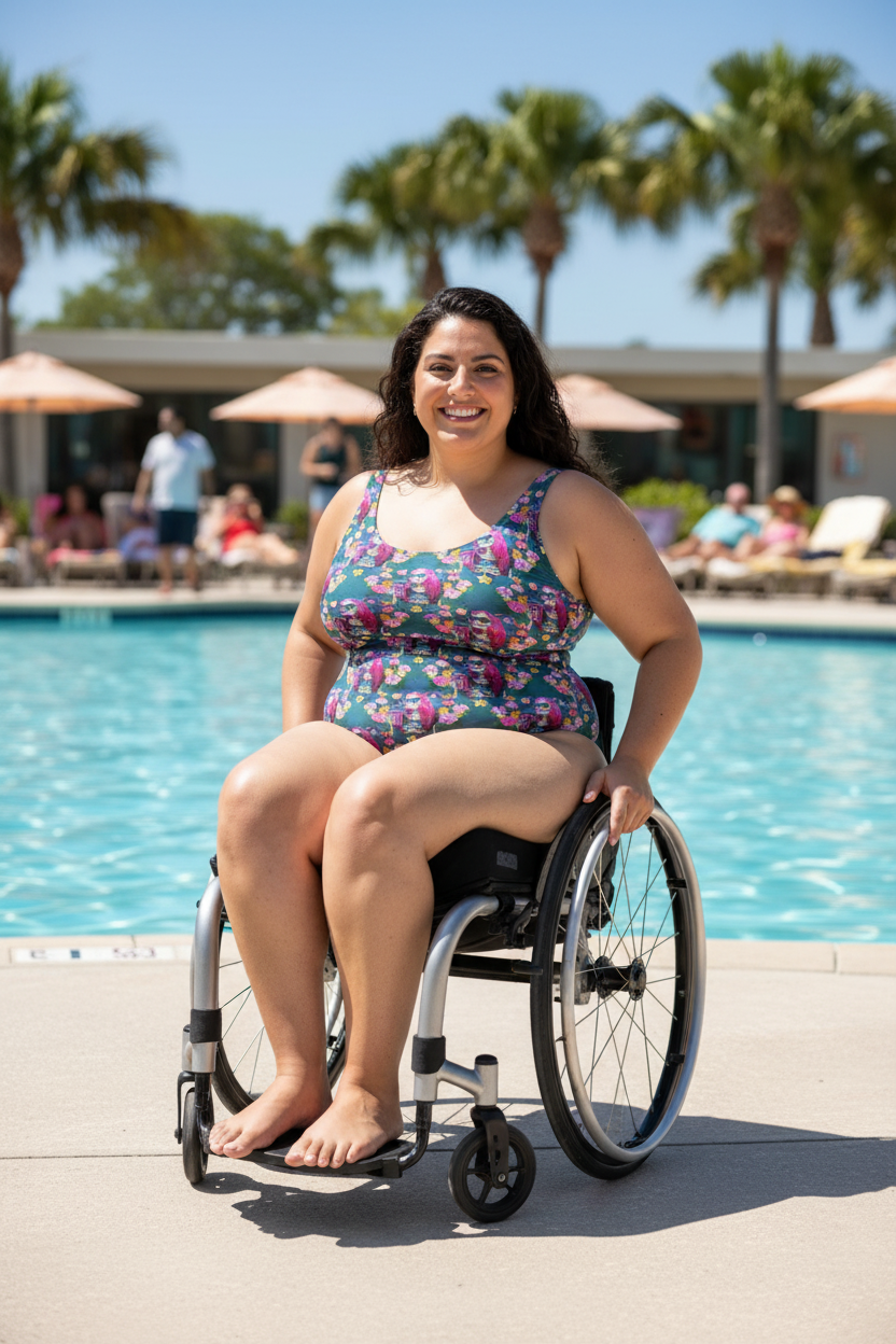 Sensory-friendly Death Before Decaf printed one-piece swimsuit with UPF 50+ protection, made from recycled materials.