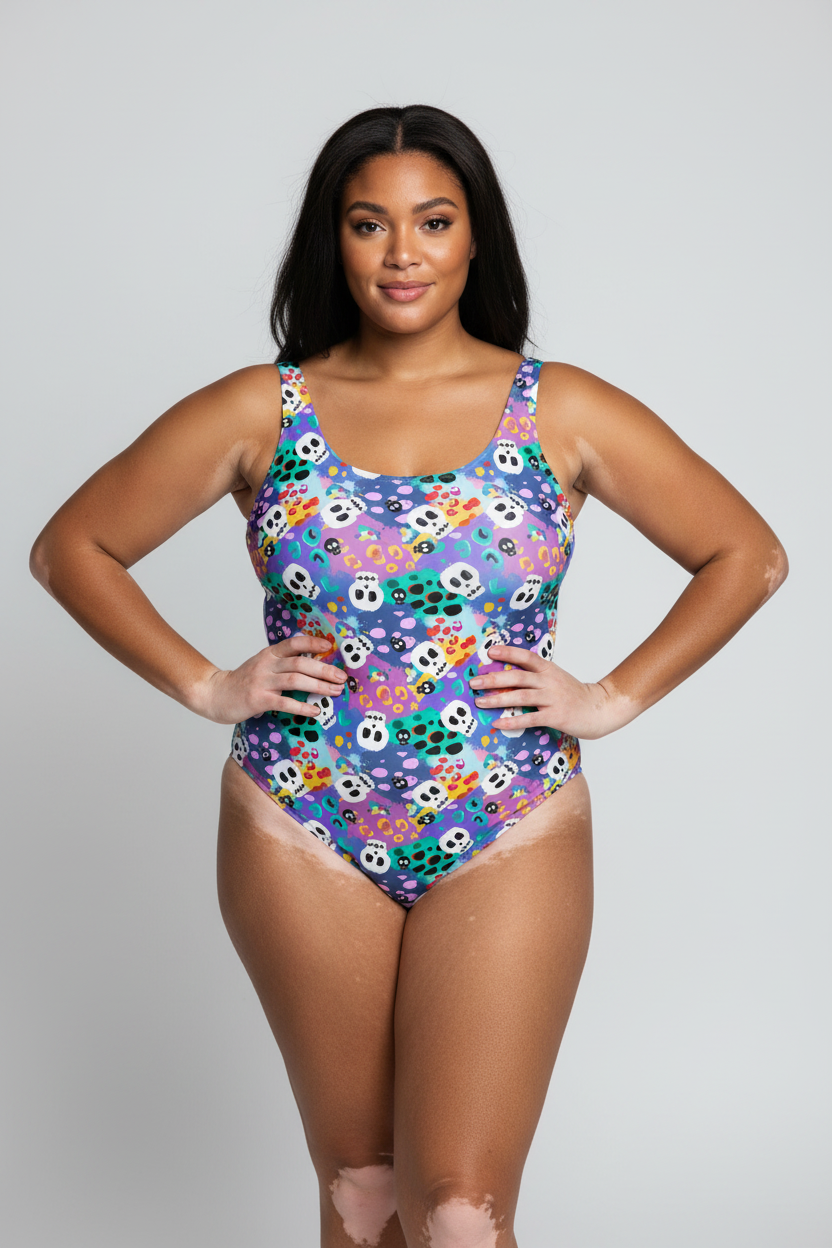 Leopard print skulls swimsuit by Printful, recycled one-piece with UPF 50+ sun protection, shown on a model.