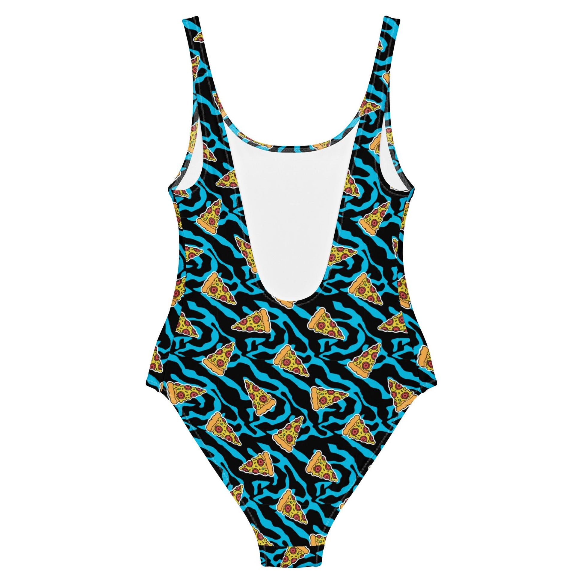 Product mockup showing a swimsuit with pizza slices - back view