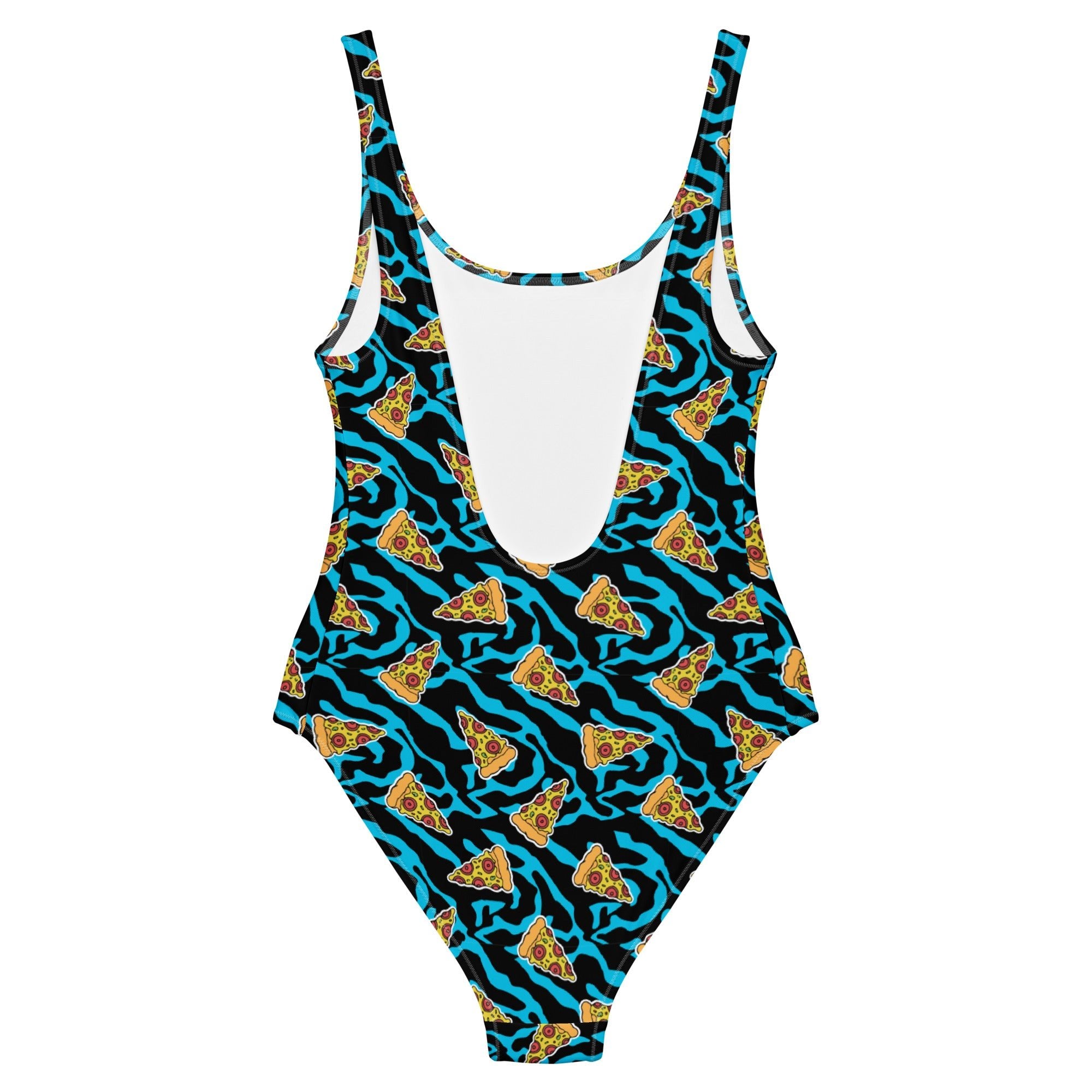 Product mockup showing a swimsuit with pizza slices - back view