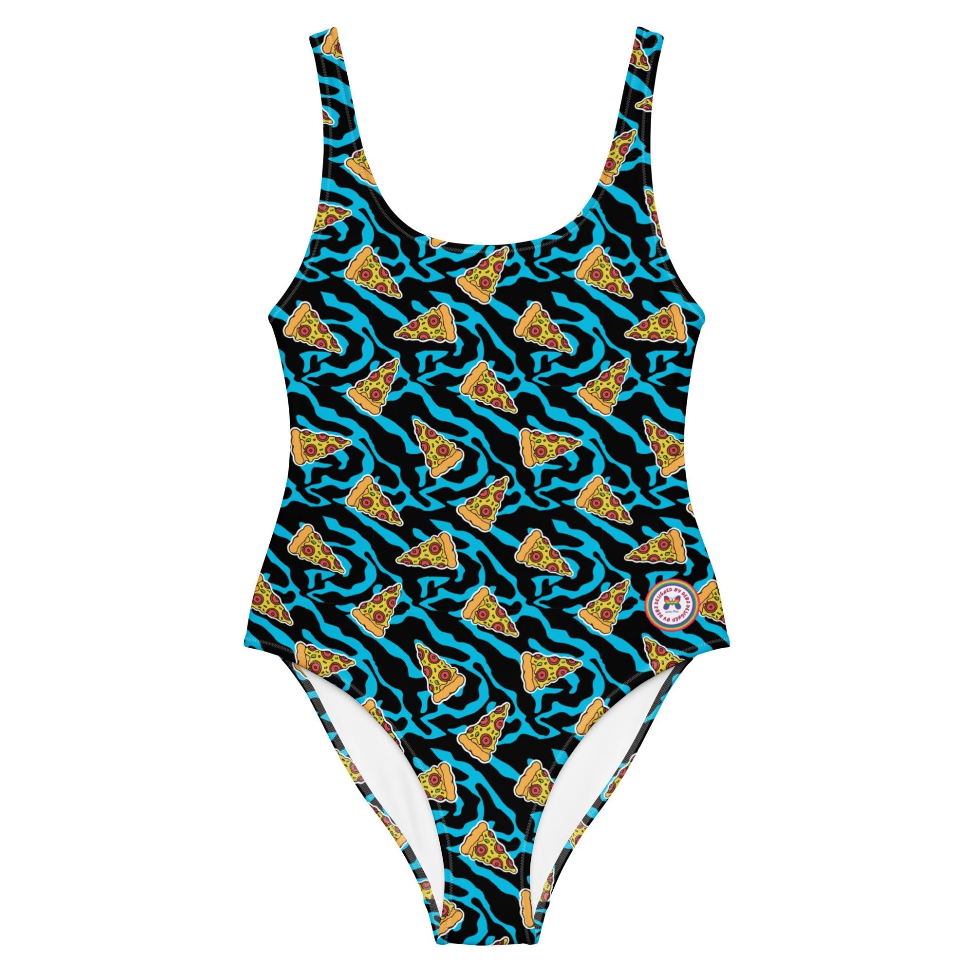Product mockup showing a swimsuit with pizza slices - front view