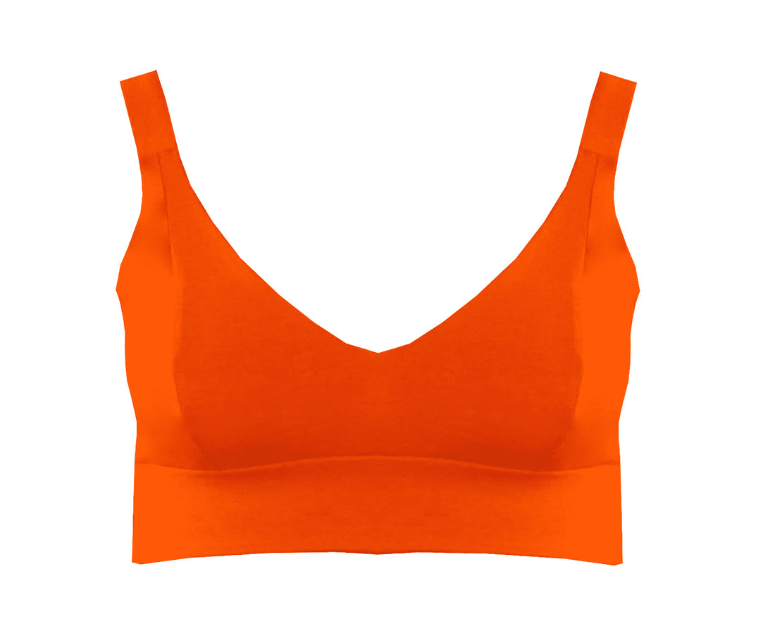 Orange organic cotton bra by Designed by Debz, handmade non-wired bra in various sizes, featuring comfortable fit and natural fabric.