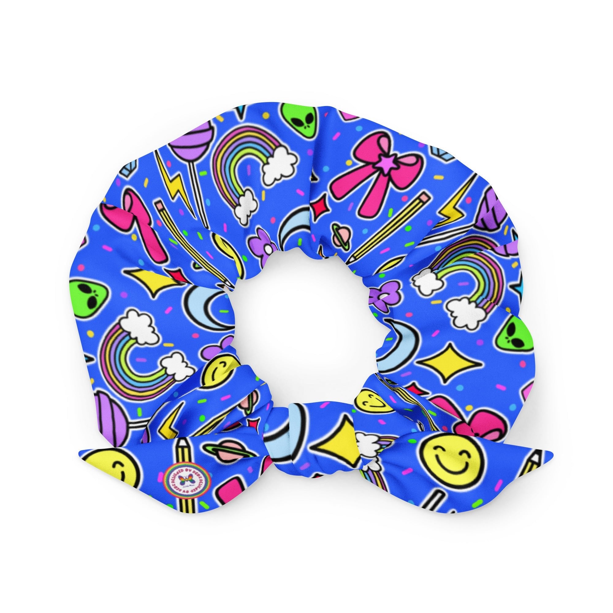 Recycled fabric scrunchie with removable bow featuring Dorkfacecreates Doodles, one size, by Printful.