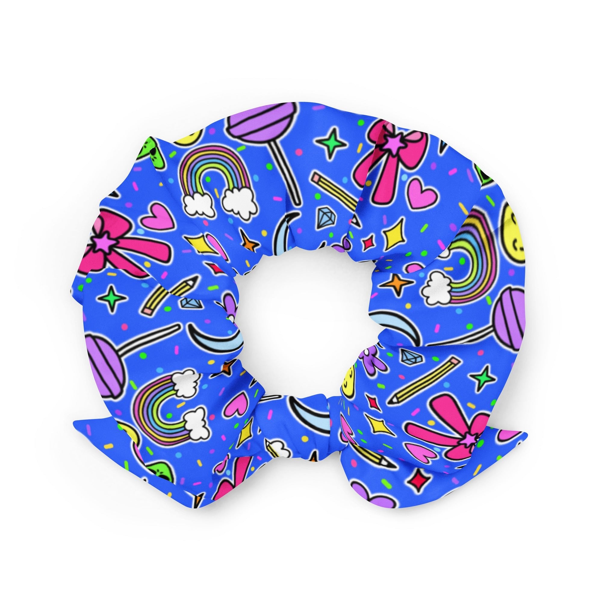 Recycled fabric scrunchie with removable bow featuring Dorkfacecreates Doodles design, one size, by Printful.