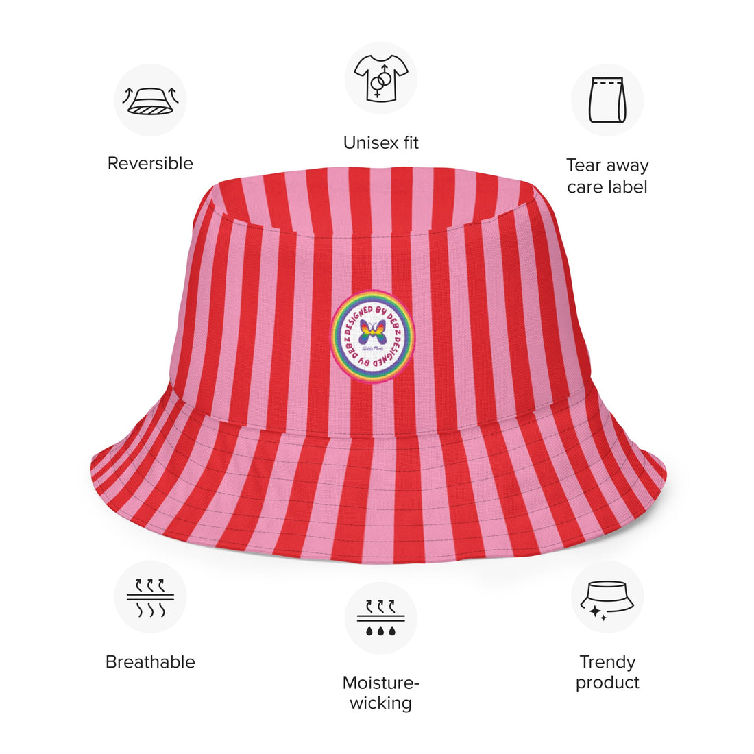 Reversible bucket hat | Pink and Red Striped - Designed By Debz