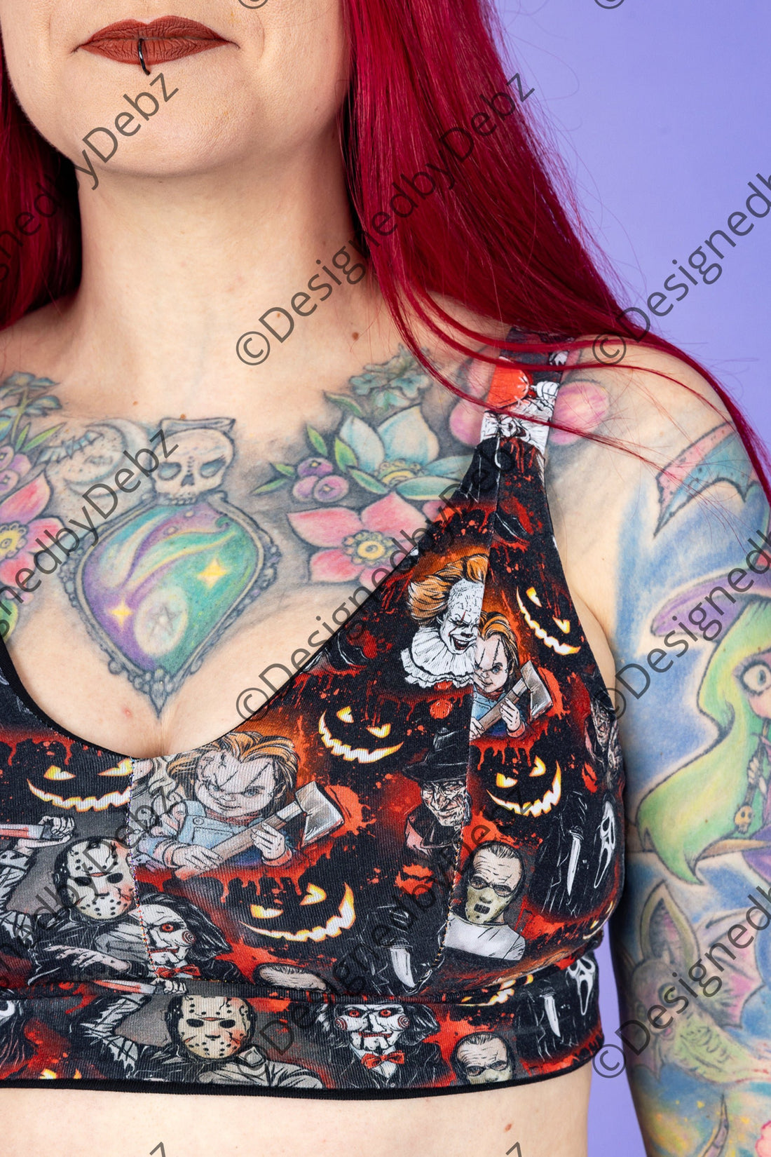 Comfort bra by Designed By Debz featuring Wilde Mode serial killers print, organic cotton, soft cup, and wire-free design.