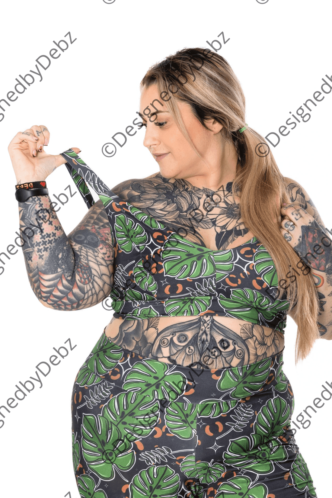 Designed By Debz swim comfort bra with Monstera plant print, UK-made, featuring soft fabric and supportive design for swimwear comfort.