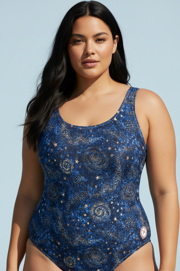 A woman modeling a one-piece swimsuit with a dark blue and black celestial print featuring stars and swirls, set against a solid light blue background.