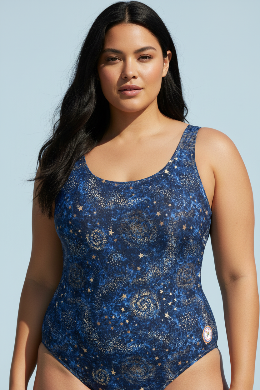 A woman modeling a one-piece swimsuit with a dark blue and black celestial print featuring stars and swirls, set against a solid light blue background.
