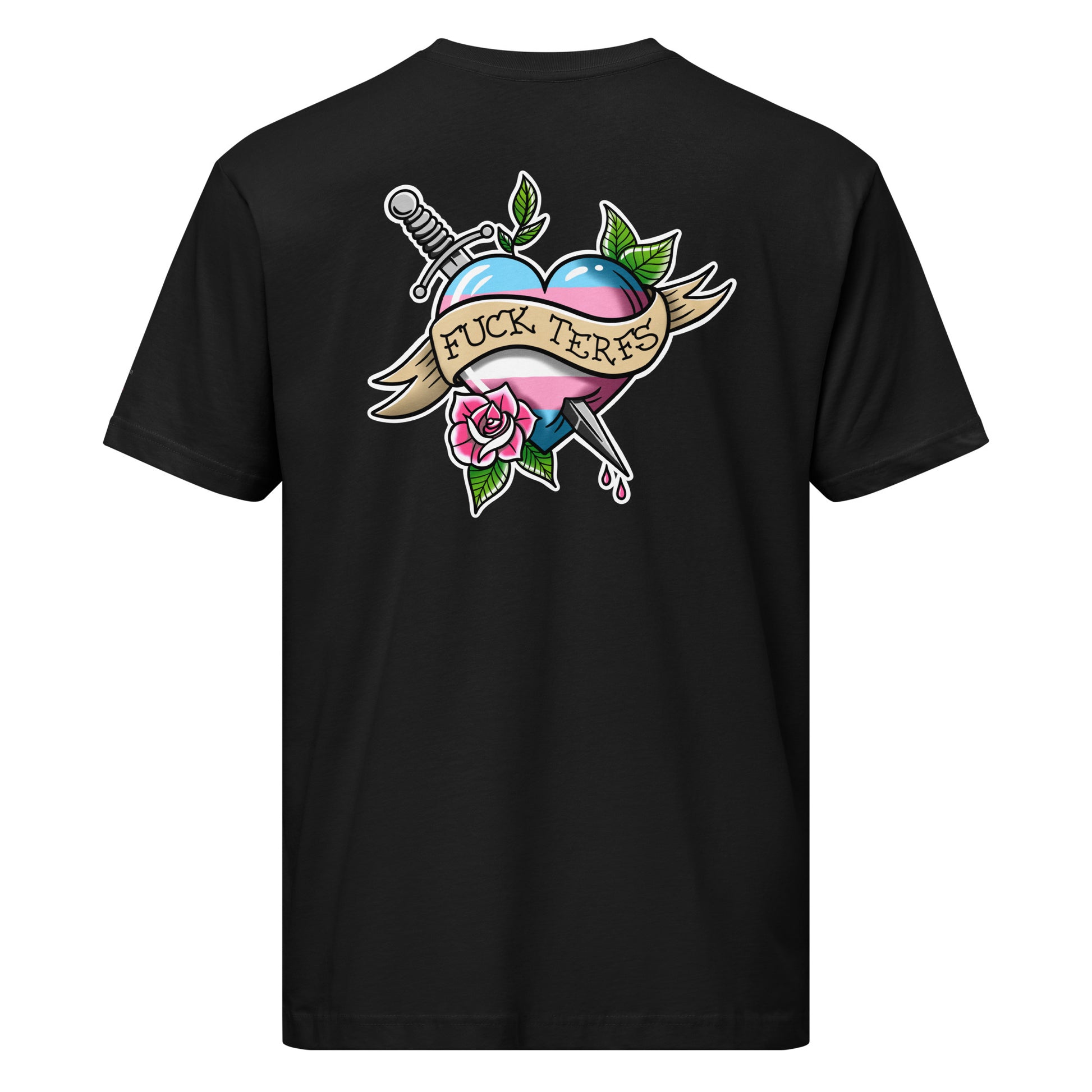Unisex black Trans Pride T-Shirt by Printful featuring bold LGBTQ+ message on the back.