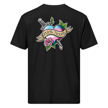 Unisex black Trans Pride T-Shirt by Printful featuring bold LGBTQ+ message on the back.