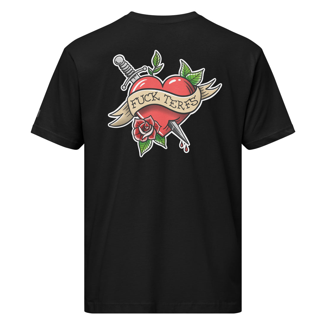 Black unisex F*ck TERFs Classic Heart T-Shirt from Printful, featuring bold graphic on the front and a comfortable fit.