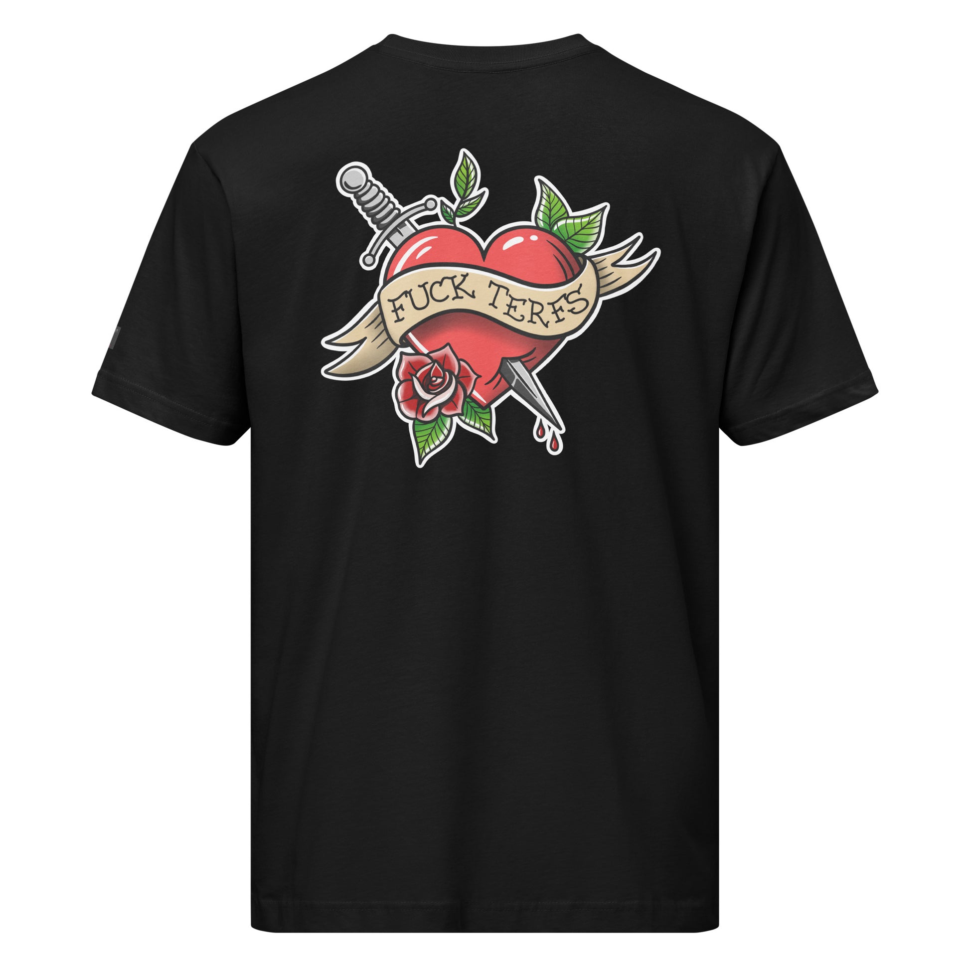 Black unisex F*ck TERFs Classic Heart T-Shirt from Printful, featuring bold graphic on the front and a comfortable fit.