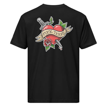 Black unisex F*ck TERFs Classic Heart T-Shirt from Printful, featuring bold graphic on the front and a comfortable fit.