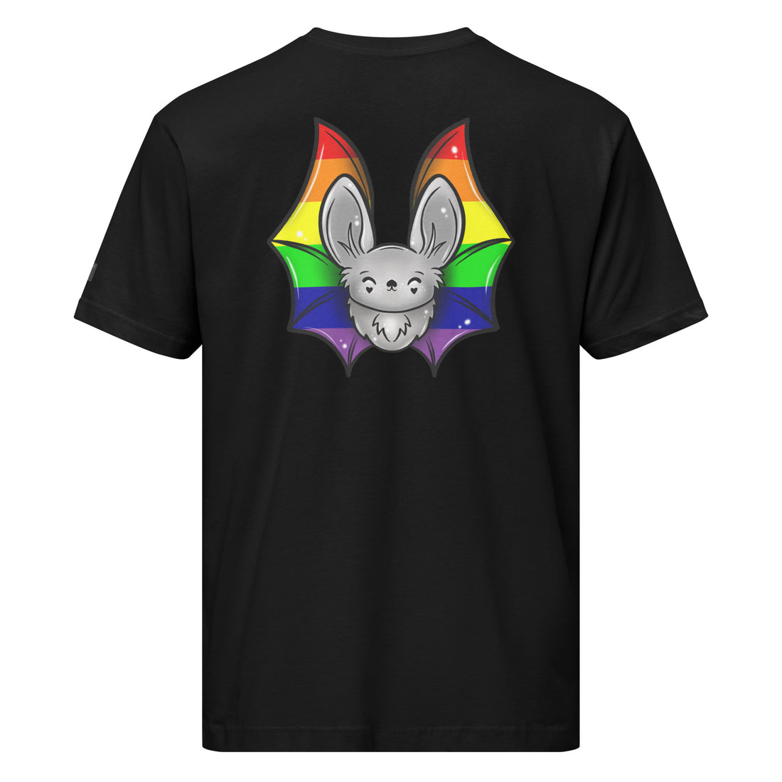 Black Pride Bat T-Shirt by Printful featuring a rainbow flag design on the back, made from unisex fine jersey fabric.