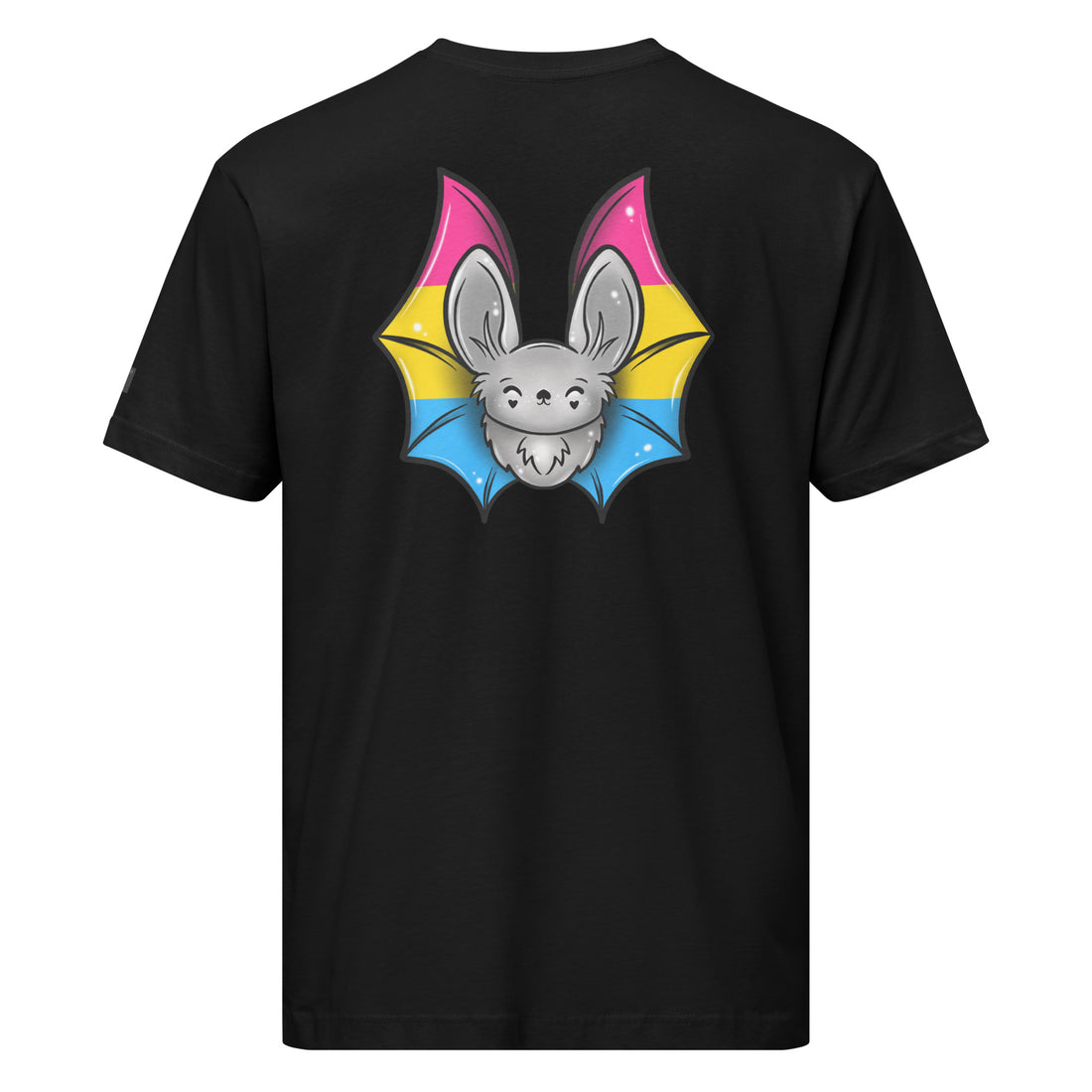 Unisex black Pride Bat T-Shirt with pansexual flag design on the back, made by Printful in fine jersey fabric.