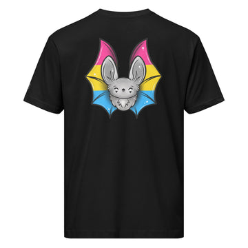 Unisex black Pride Bat T-Shirt with pansexual flag design on the back, made by Printful in fine jersey fabric.