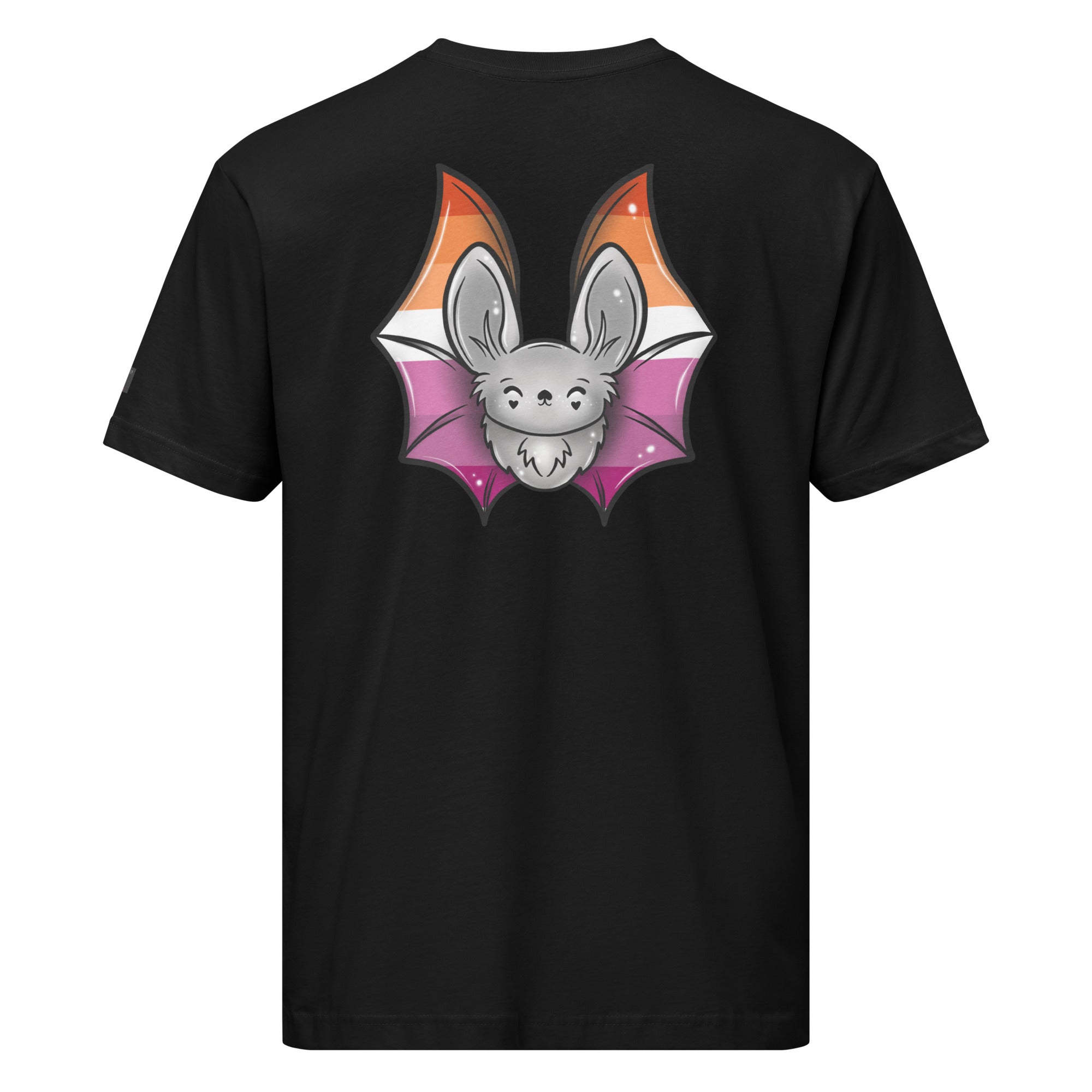 Black Pride Bat T-Shirt featuring the lesbian flag design on the back, made by Printful, unisex fine jersey fabric.