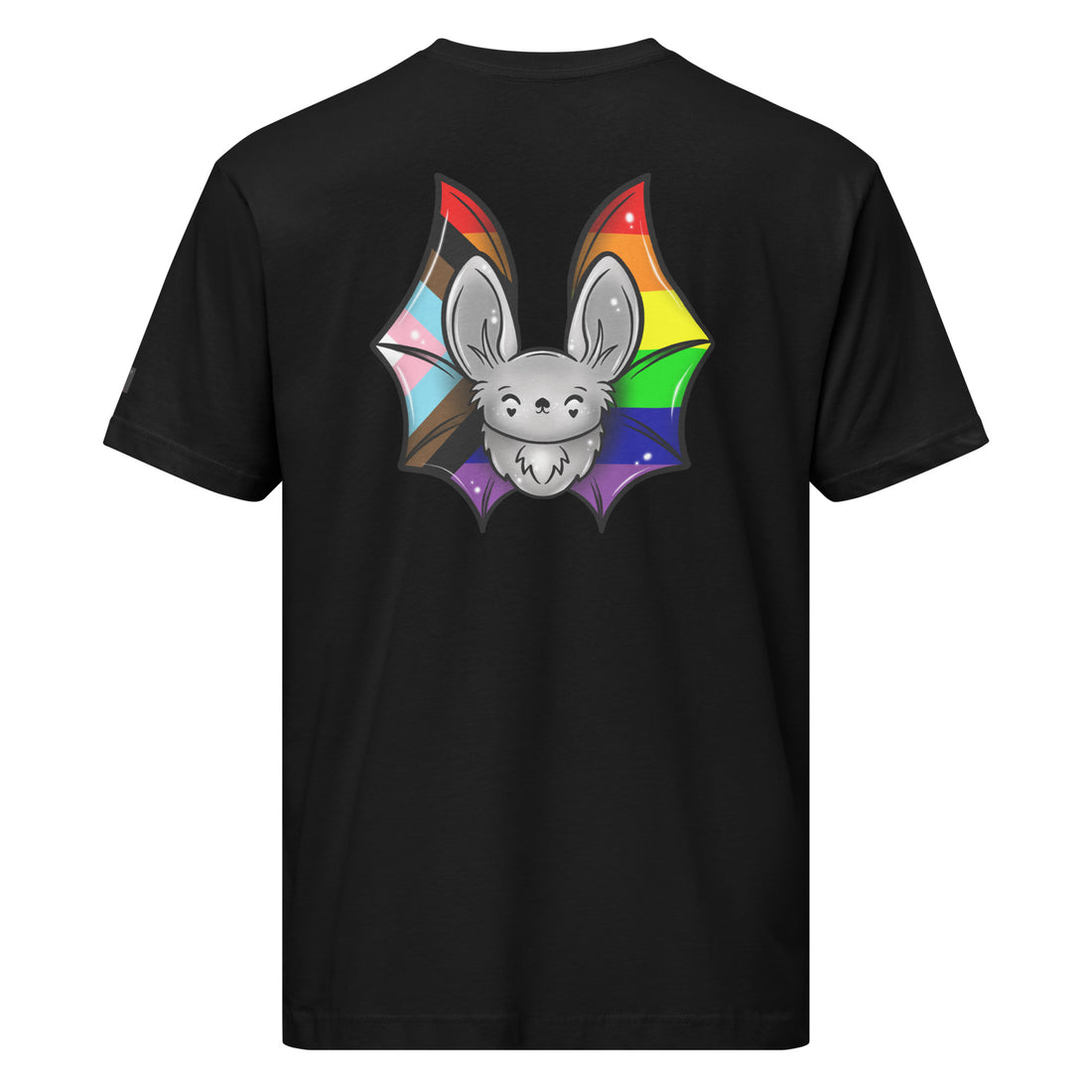 Unisex black Pride Bat T-shirt featuring Progress Pride Flag design on the back, made by Printful.