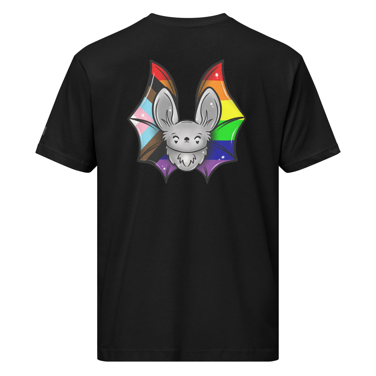 Unisex black Pride Bat T-shirt featuring Progress Pride Flag design on the back, made by Printful.