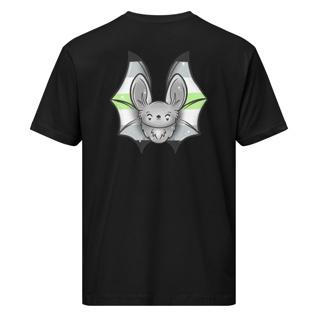 Unisex black Pride Bat T-Shirt featuring aromantic flag design on the back, made with fine jersey fabric by Printful.