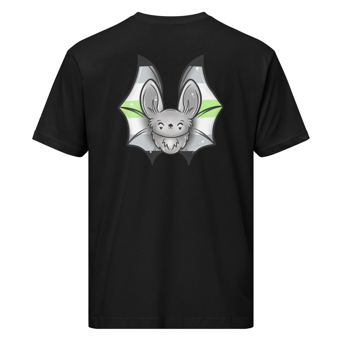 Unisex black Pride Bat T-Shirt featuring aromantic flag design on the back, made with fine jersey fabric by Printful.