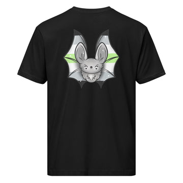 Unisex black Pride Bat T-Shirt featuring aromantic flag design on the back, made with fine jersey fabric by Printful.