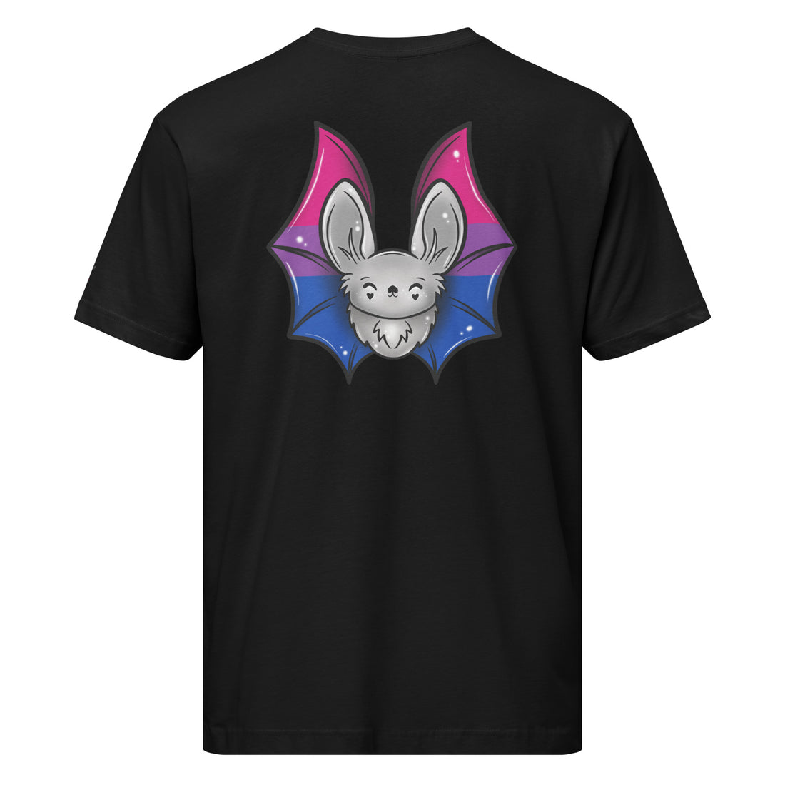 Unisex black Pride Bat T-Shirt featuring bisexual flag colors on the front, made by Printful, casual and comfortable.