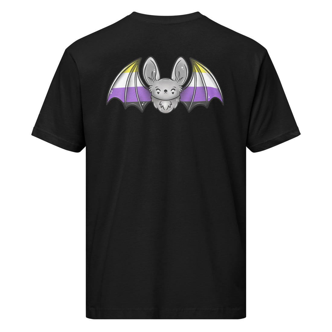 Unisex black Pride Bat T-shirt featuring non-binary flag design on the back, made by Printful with a comfortable jersey fabric.