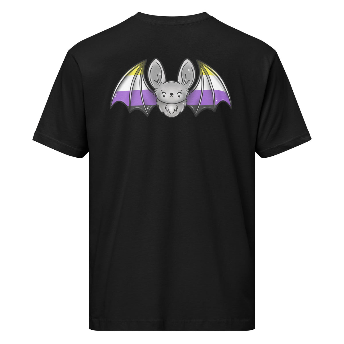 Unisex black Pride Bat T-shirt featuring non-binary flag design on the back, made by Printful with a comfortable jersey fabric.