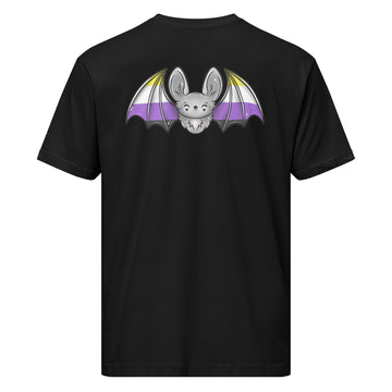 Unisex black Pride Bat T-shirt featuring non-binary flag design on the back, made by Printful with a comfortable jersey fabric.
