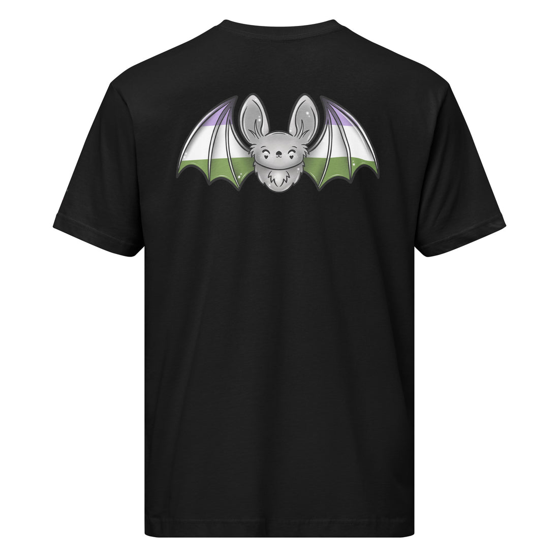 Unisex Pride Bat T-Shirt featuring genderqueer flag colors on black fine jersey, front and back view.
