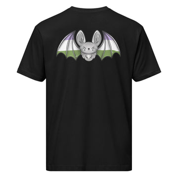 Unisex Pride Bat T-Shirt featuring genderqueer flag colors on black fine jersey, front and back view.