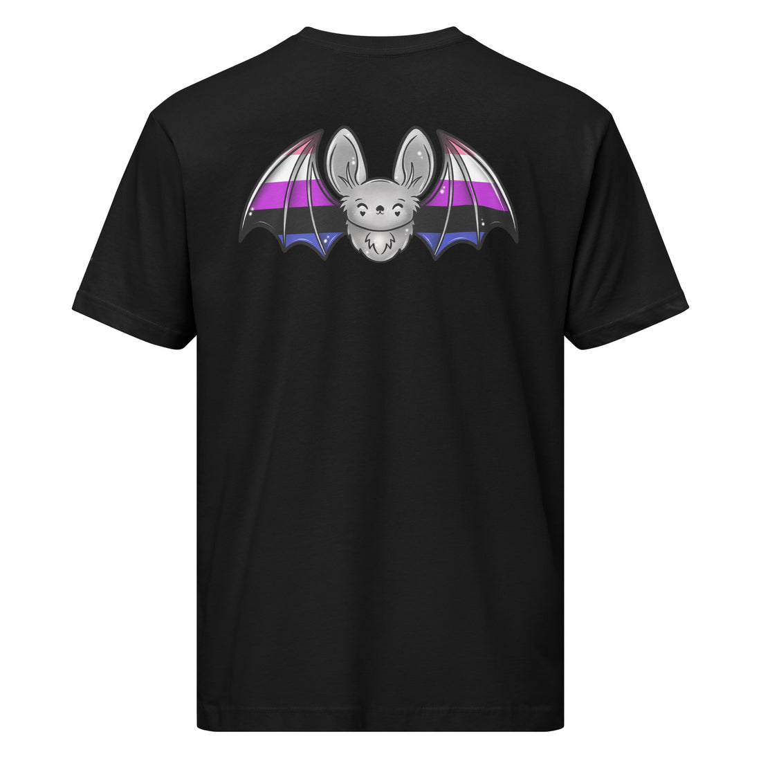 Unisex black Pride Bat T-Shirt with genderfluid flag design on the back, made by Printful, showcasing a comfortable fit and vibrant colors.