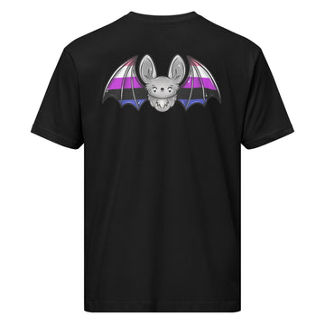 Unisex black Pride Bat T-Shirt with genderfluid flag design on the back, made by Printful, showcasing a comfortable fit and vibrant colors.