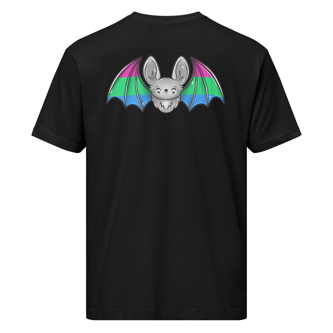 Black Pride Bat Polysexual Flag T-Shirt for men and women, featuring a printed design on the back.