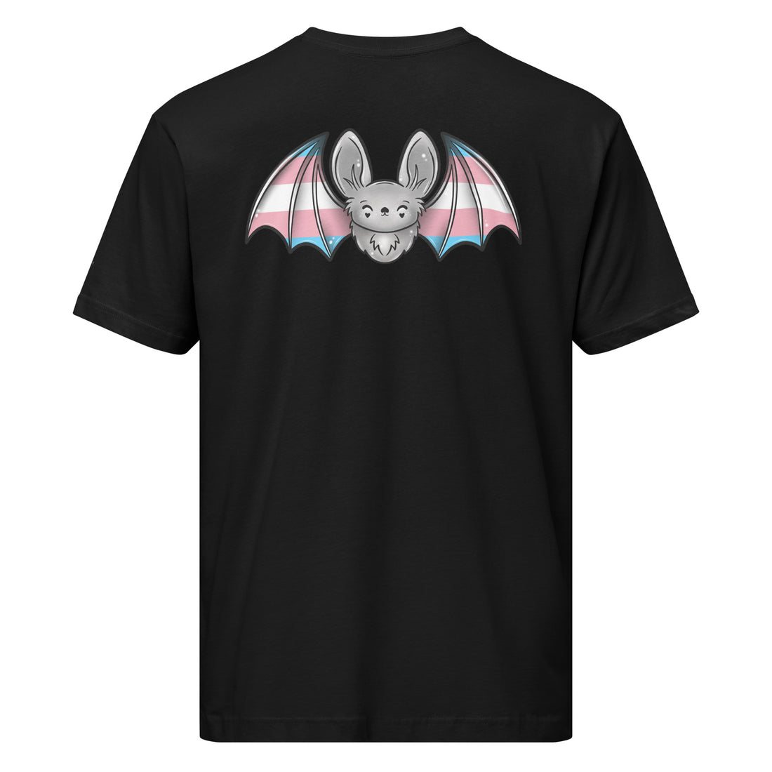 Unisex black Pride Bat T-Shirt featuring Trans Pride flag colors on the back, made by Printful, casual and comfortable fit.