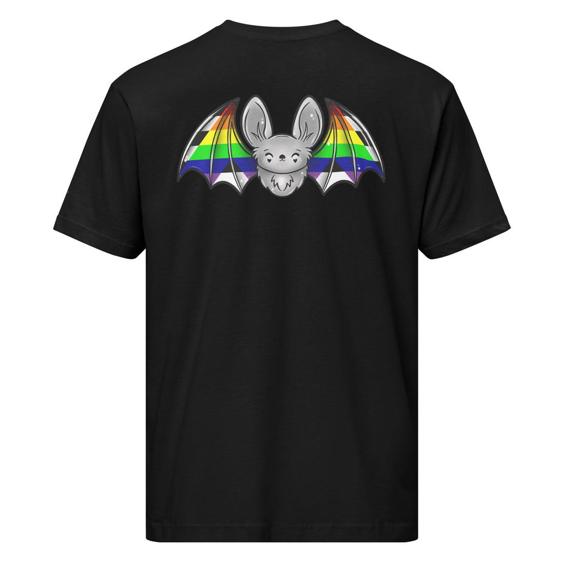 Black unisex Pride Bat Ally Flag T-shirt by Printful, featuring a printed design on the back.