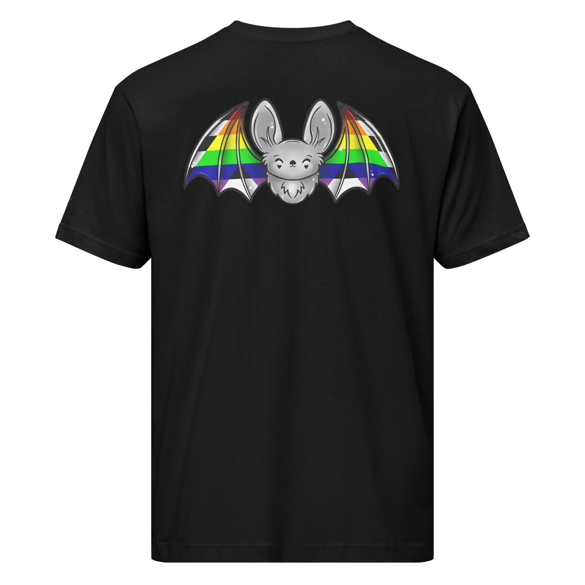 Black unisex Pride Bat Ally Flag T-shirt by Printful, featuring a printed design on the back.