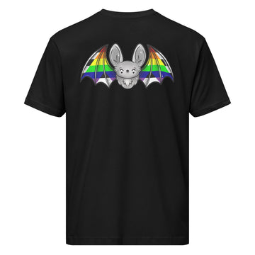 Black unisex Pride Bat Ally Flag T-shirt by Printful, featuring a printed design on the back.